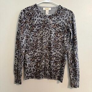 Peck & Peck Silk Cashmere cardigan sweater leopard animal medium gray neutrals